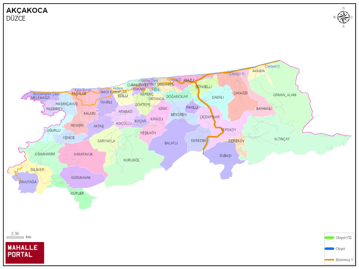 AKÇAKOCA Mahalle Köy Haritası | İlçe Mahalleleri ve Köy Sınırları