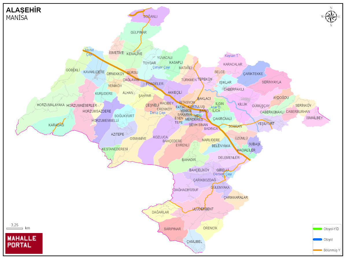 ALAŞEHİR Mahalle Köy Haritası | İlçe Mahalleleri ve Köy Sınırları