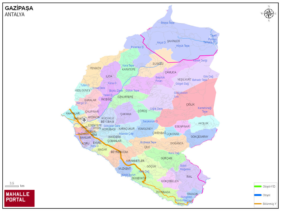 GAZİPAŞA Mahalle Köy Haritası | İlçe Mahalleleri ve Köy Sınırları