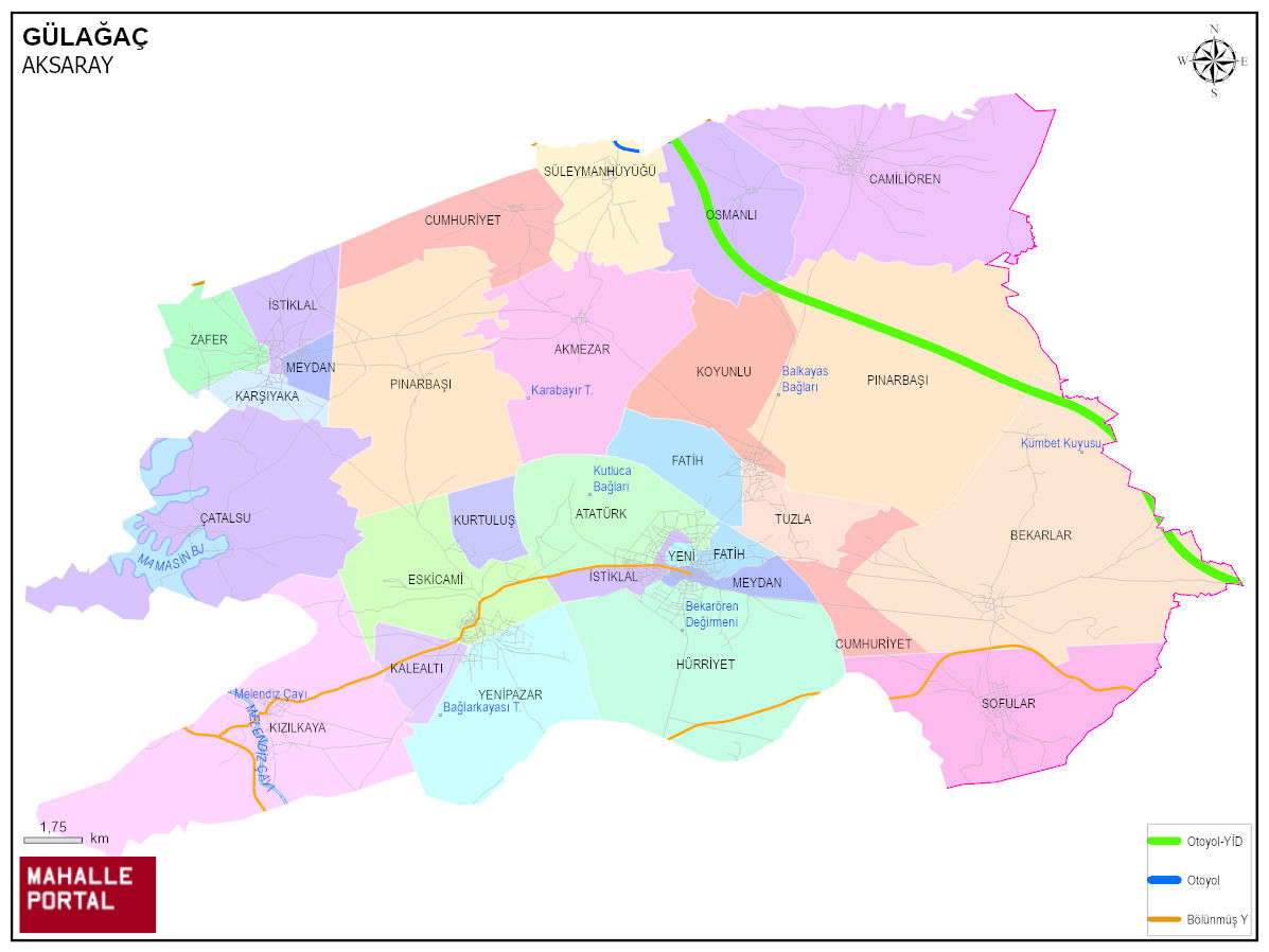 GÜLAĞAÇ Mahalle Köy Haritası | İlçe Mahalleleri ve Köy Sınırları