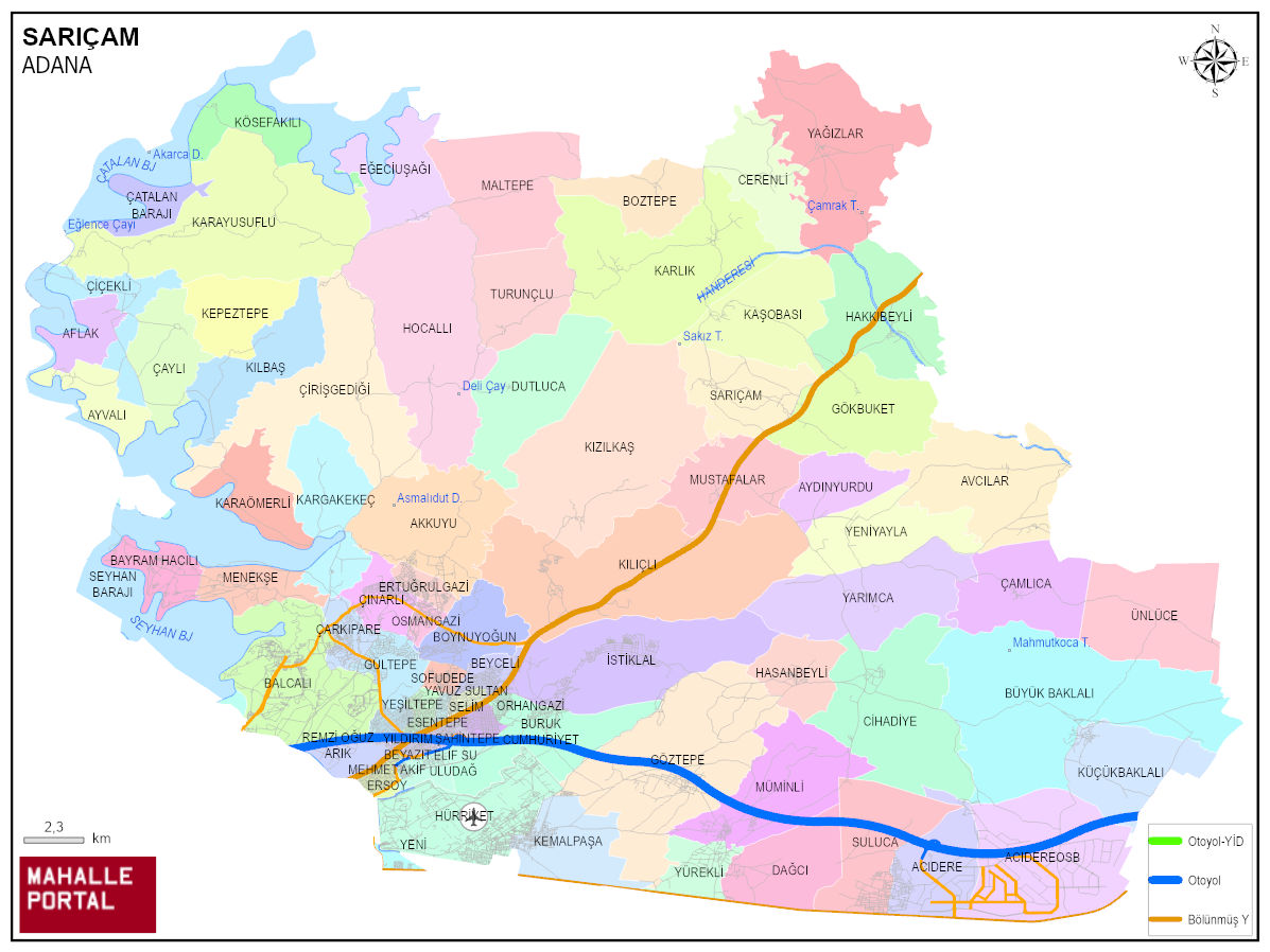 SARIÇAM Mahalle Köy Haritası | İlçedeki Tüm Mahalle ve Köyler