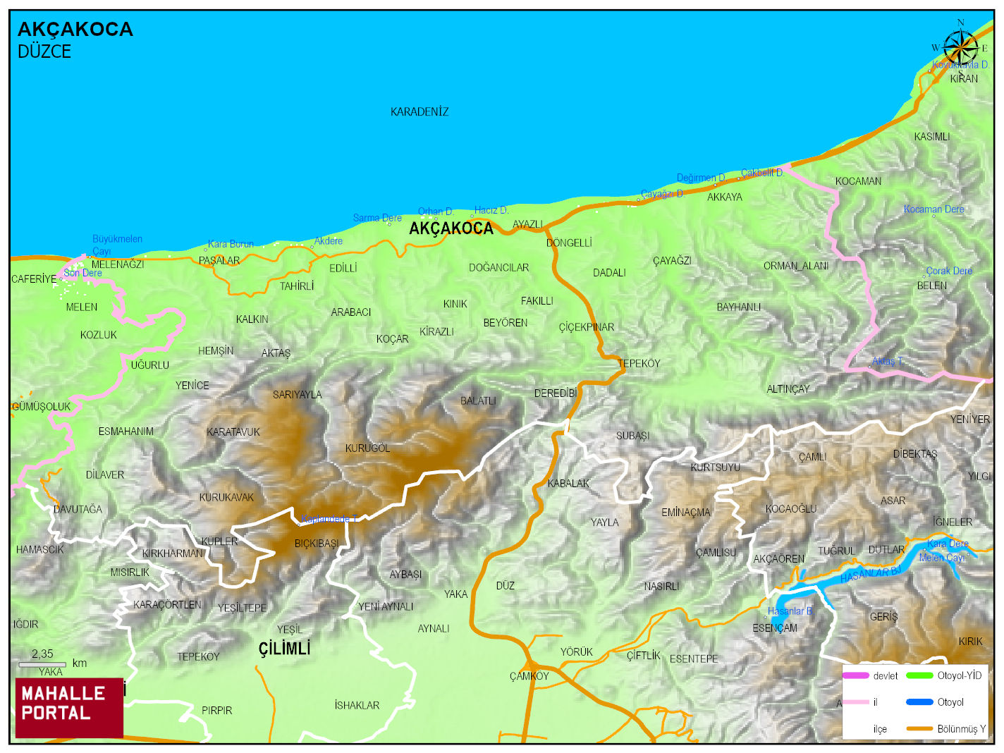 AKÇAKOCA Fiziki Haritası | Dağlar, Ovalar ve Akarsu Bilgileri