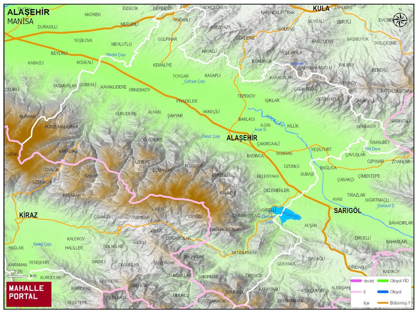 ALAŞEHİR Fiziki Haritası | Dağlar, Ovalar ve Akarsu Bilgileri