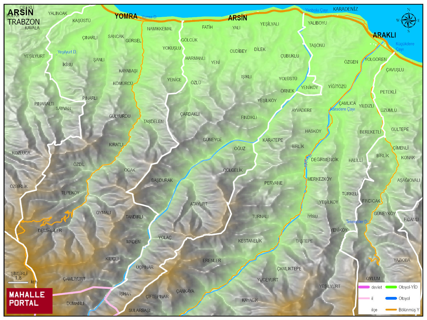 ARSİN Fiziki Haritası | Dağlar, Ovalar ve Akarsu Bilgileri