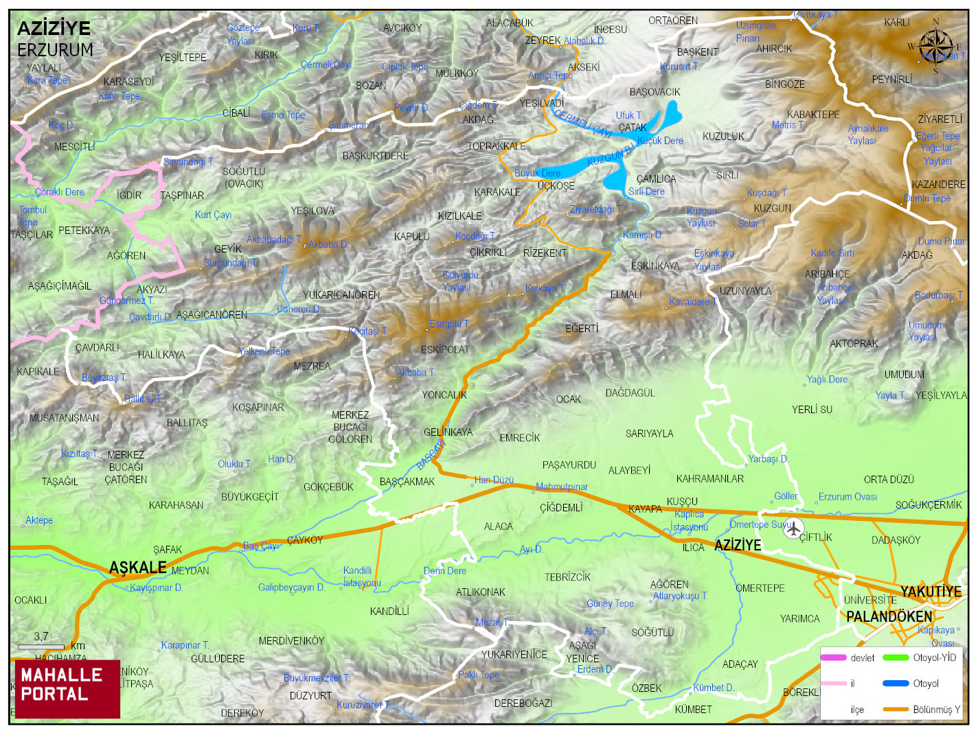 AZİZİYE Fiziki Haritası | Dağlar, Ovalar ve Akarsu Bilgileri