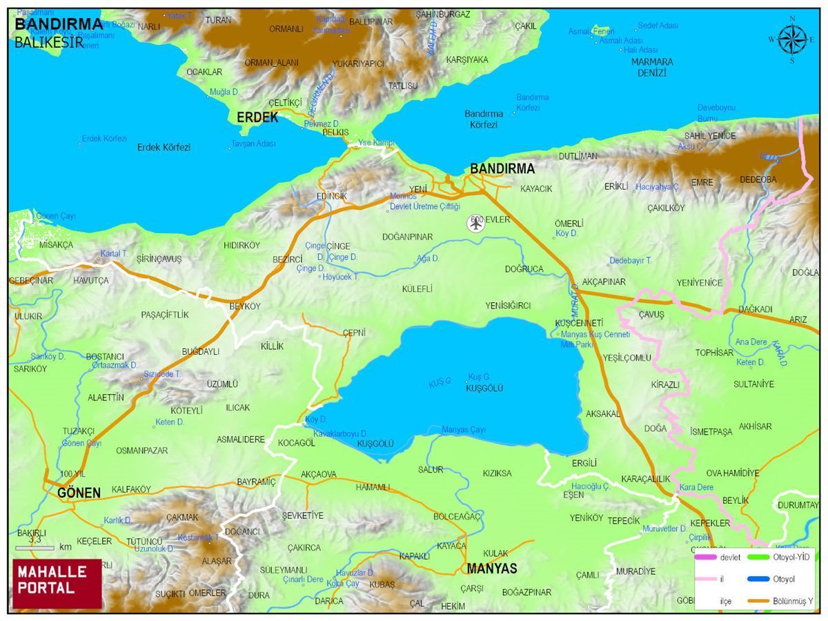 BANDIRMA Fiziki Haritası | Dağlar, Ovalar ve Akarsu Bilgileri