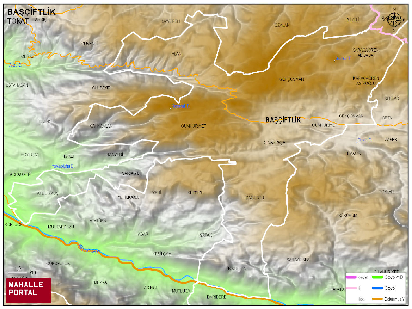 BAŞÇİFTLİK Fiziki Haritası | Dağlar, Ovalar ve Akarsu Bilgileri