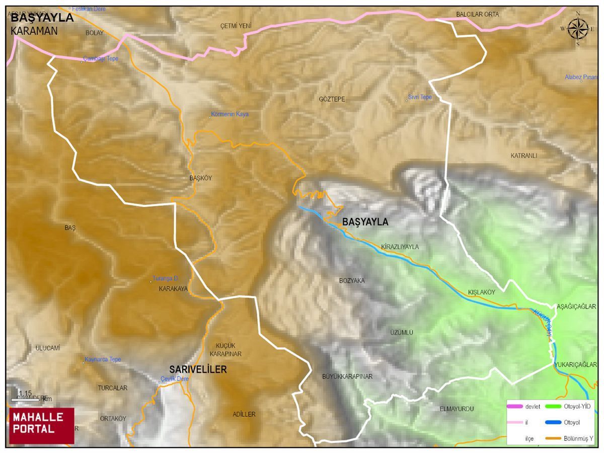 BAŞYAYLA Fiziki Haritası | Dağlar, Ovalar ve Akarsu Bilgileri