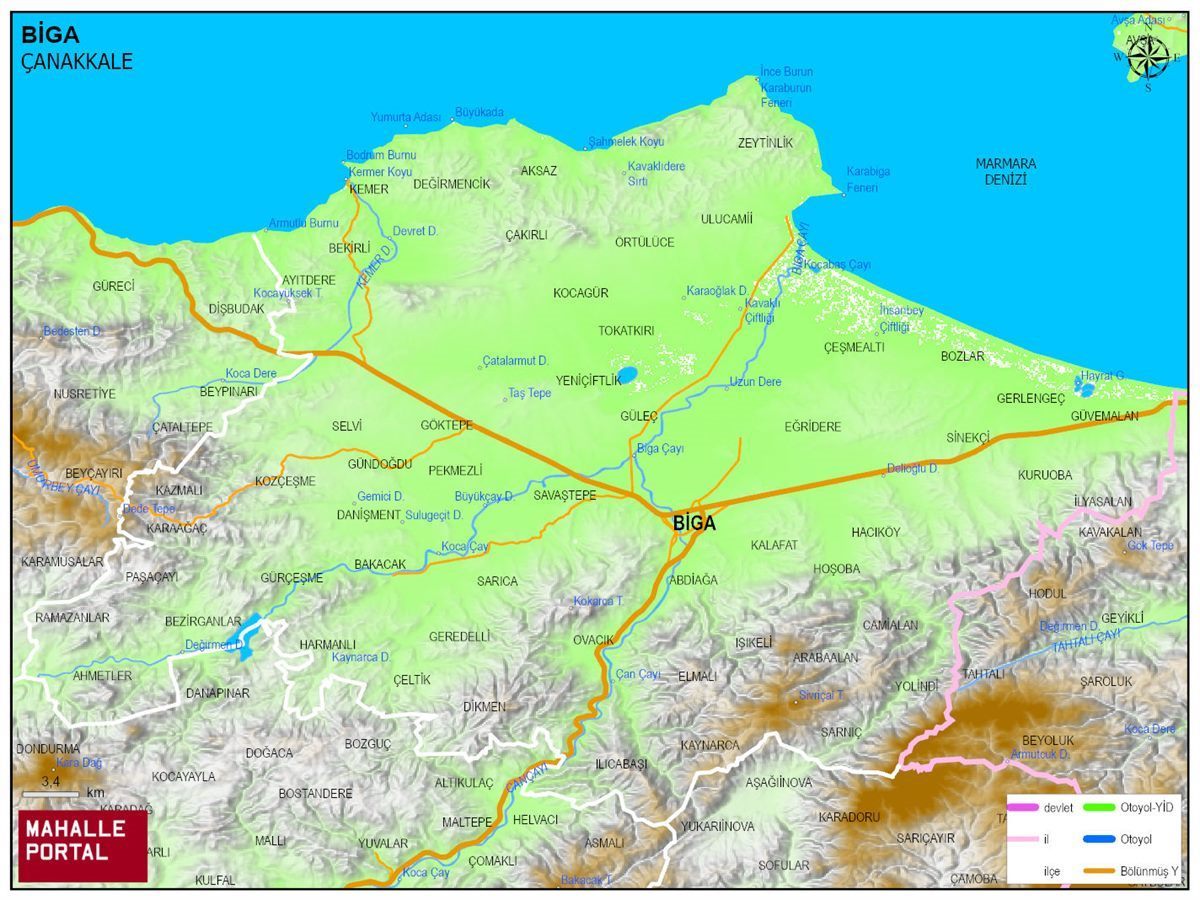 BİGA Fiziki Haritası | Dağlar, Ovalar ve Akarsu Bilgileri