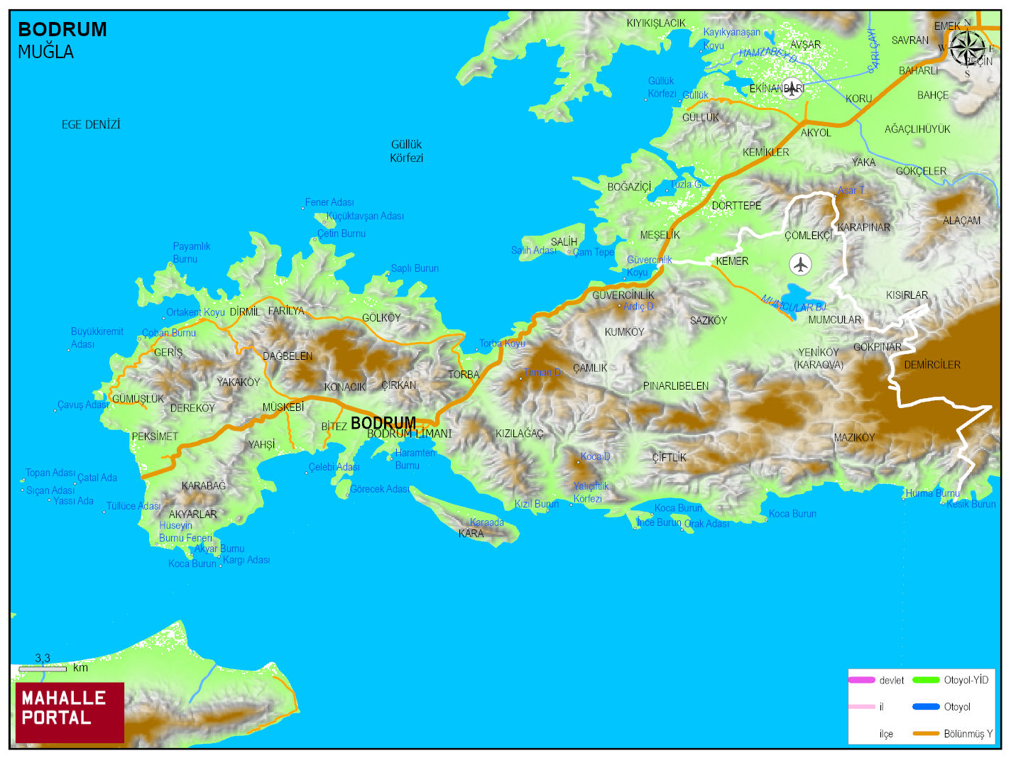 BODRUM Fiziki Haritası | Dağlar, Ovalar ve Akarsu Bilgileri