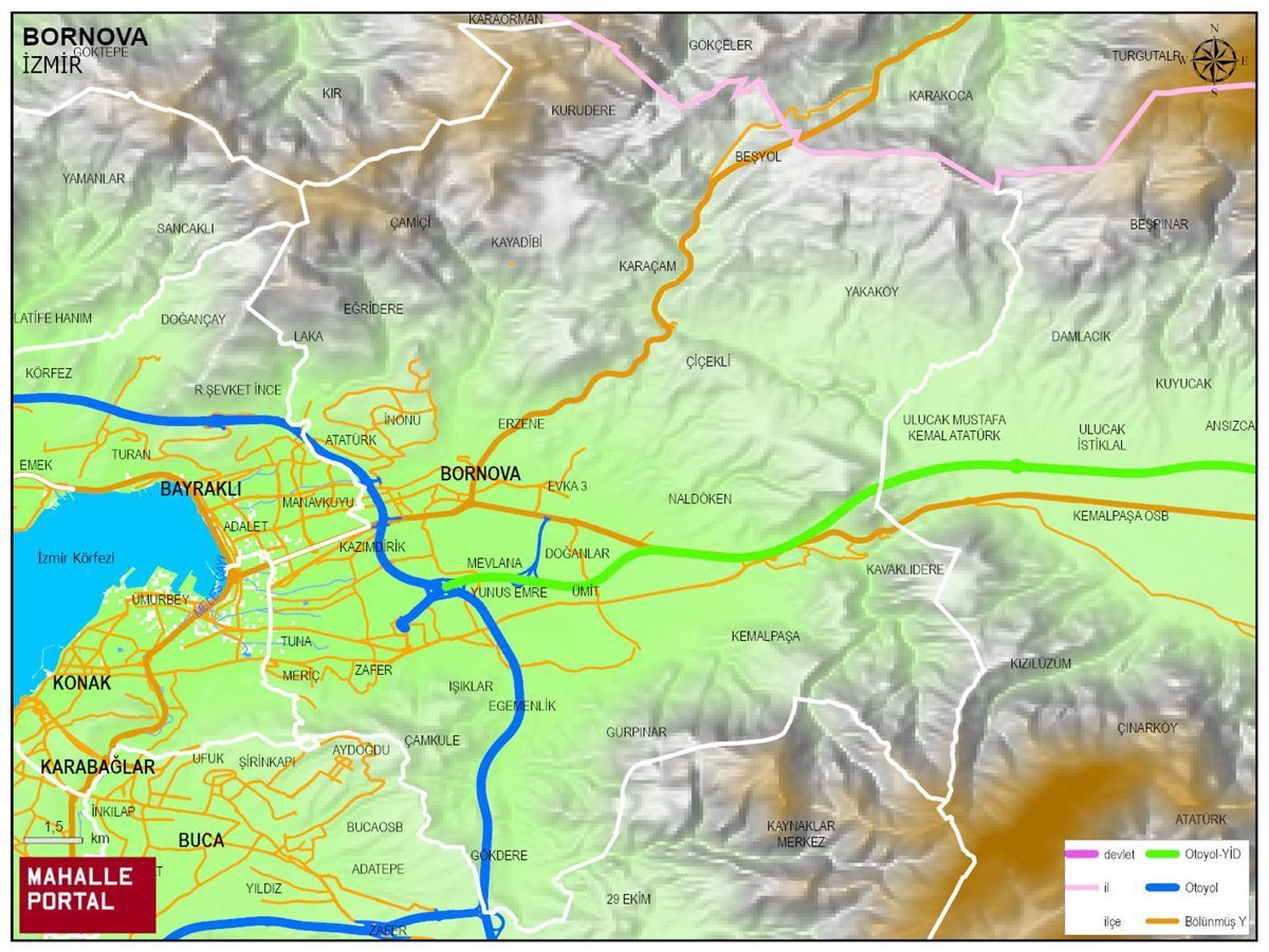 BORNOVA Fiziki Haritası | Dağlar, Ovalar ve Akarsu Bilgileri