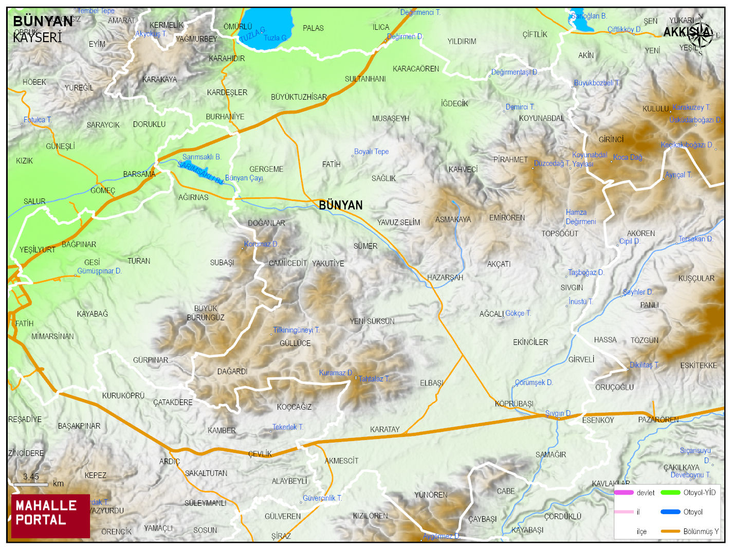 BÜNYAN Fiziki Haritası | Dağlar, Ovalar ve Akarsu Bilgileri