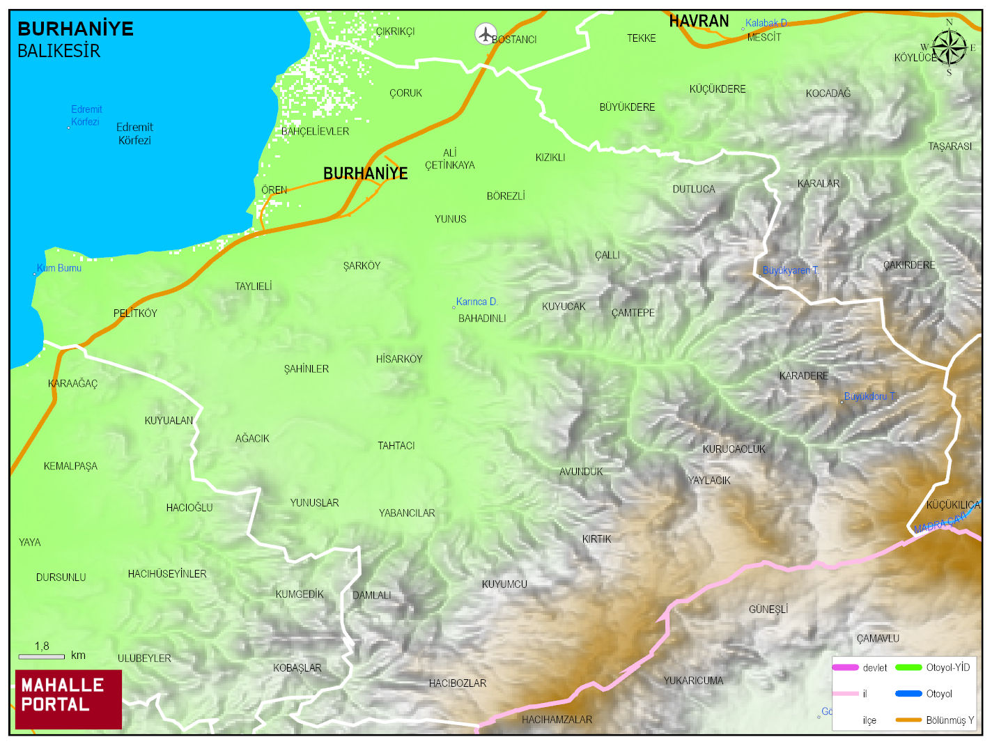 BURHANİYE Fiziki Haritası | Dağlar, Ovalar ve Akarsu Bilgileri