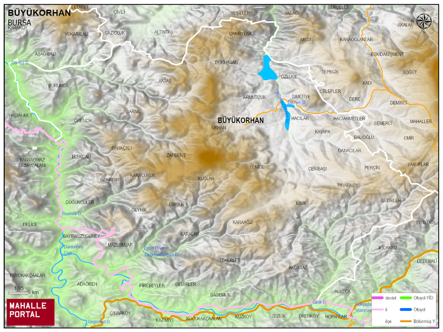 BÜYÜKORHAN Fiziki Haritası | Dağlar, Ovalar ve Akarsu Bilgileri