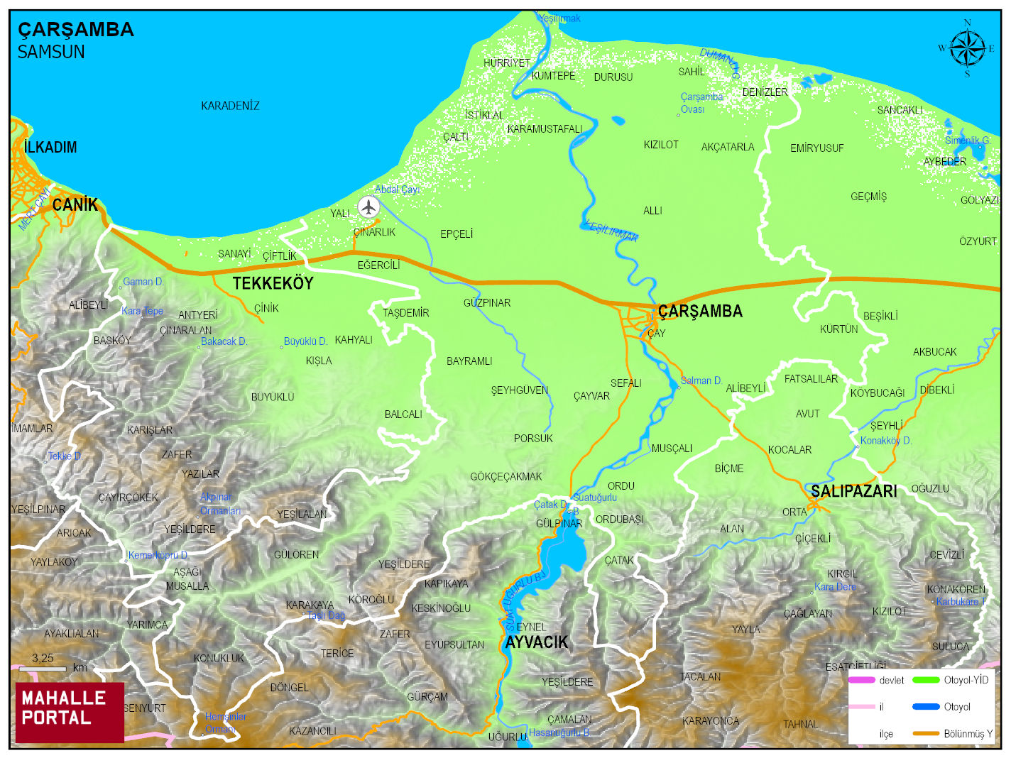ÇARŞAMBA Fiziki Haritası | Coğrafi Yapı ve Detaylı İlçe Haritası