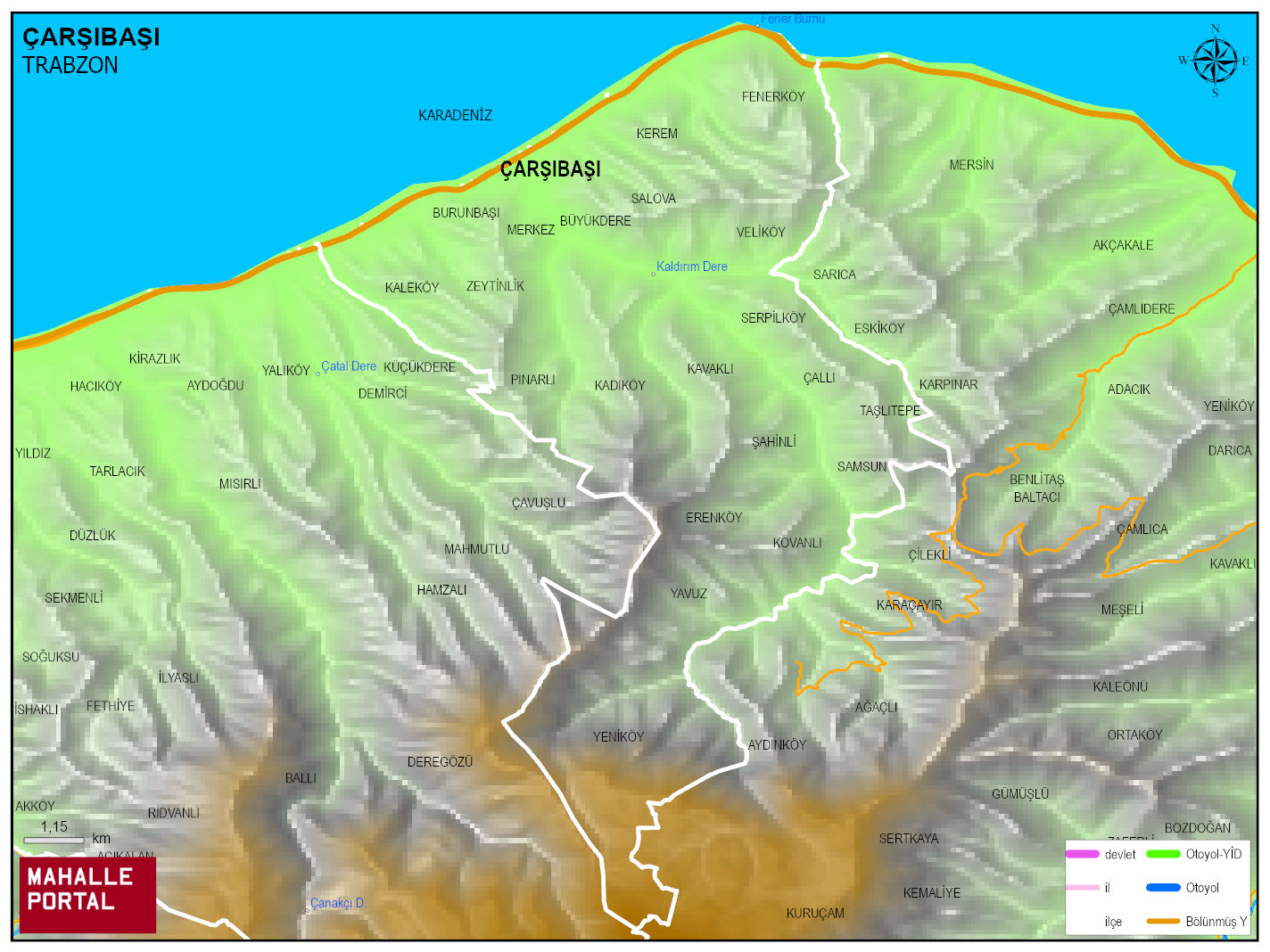ÇARŞIBAŞI Fiziki Haritası | Coğrafi Yapı ve Detaylı İlçe Haritası