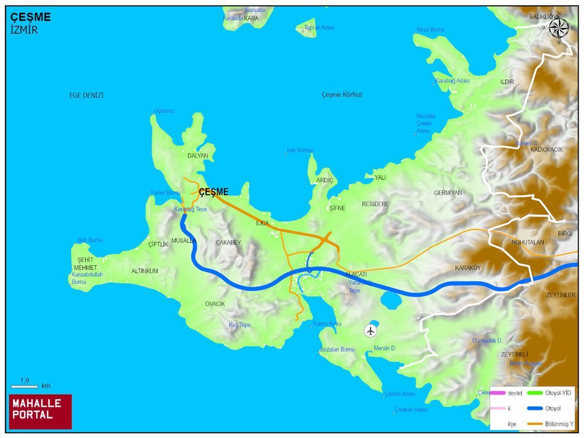ÇEŞME Fiziki Haritası | Coğrafi Yapı ve Detaylı İlçe Haritası