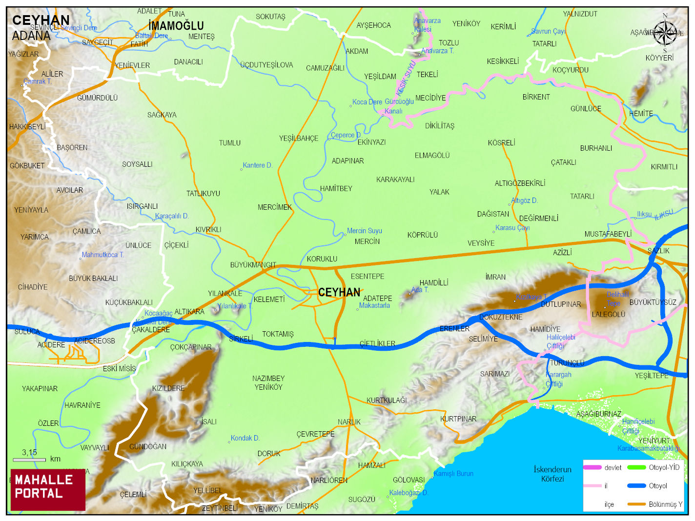 CEYHAN Fiziki Haritası | Dağlar, Ovalar ve Akarsu Bilgileri