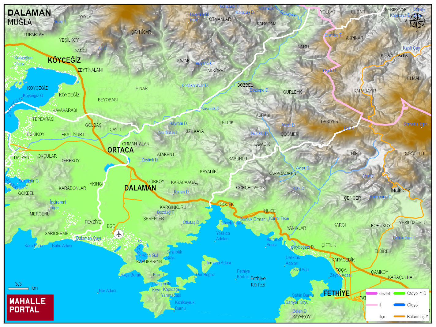 DALAMAN Fiziki Haritası | Dağlar, Ovalar ve Akarsu Bilgileri