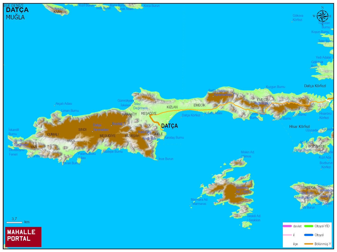 DATÇA Fiziki Haritası | Dağlar, Ovalar ve Akarsu Bilgileri