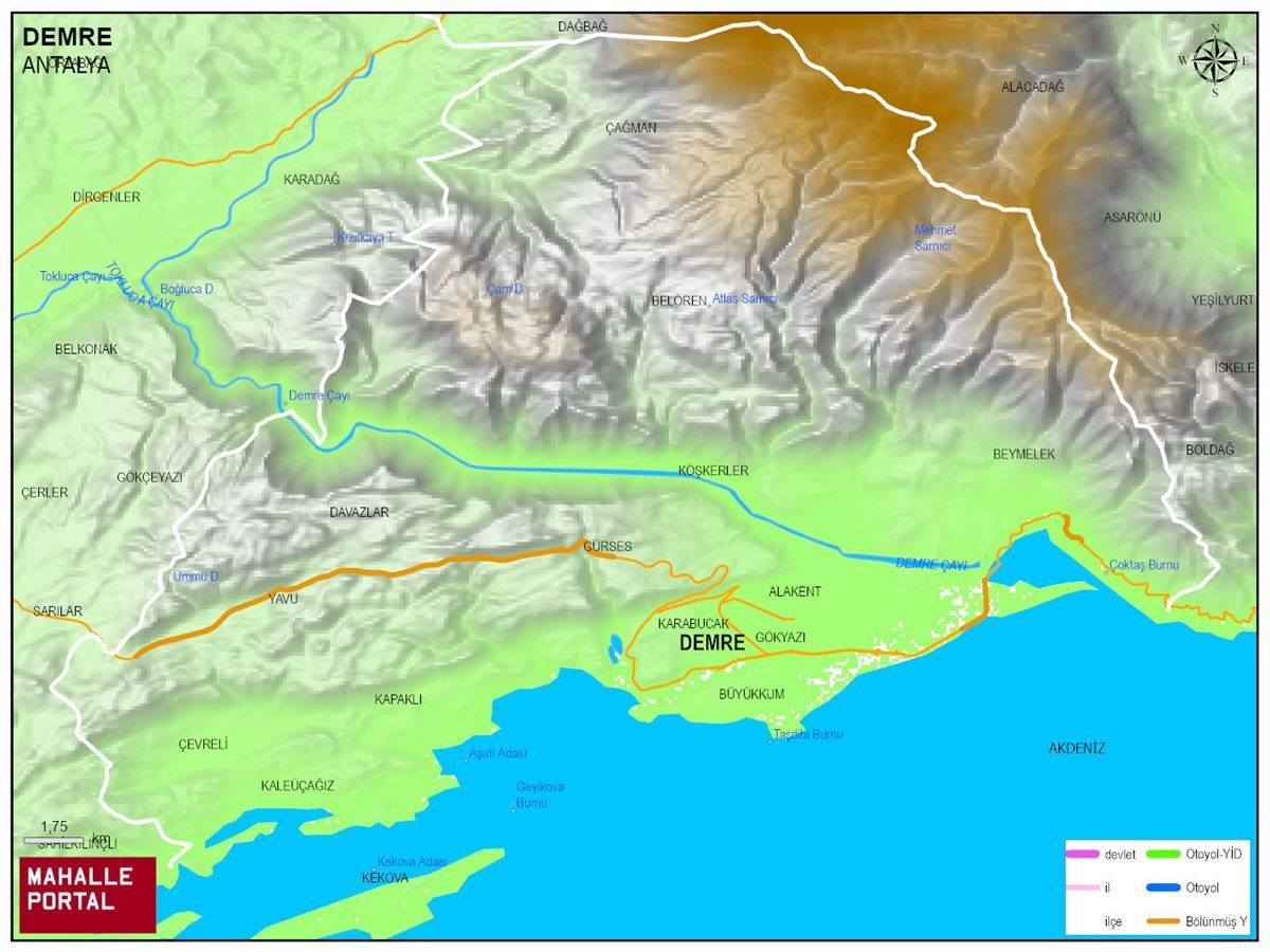 DEMRE Fiziki Haritası | Dağlar, Ovalar ve Akarsu Bilgileri
