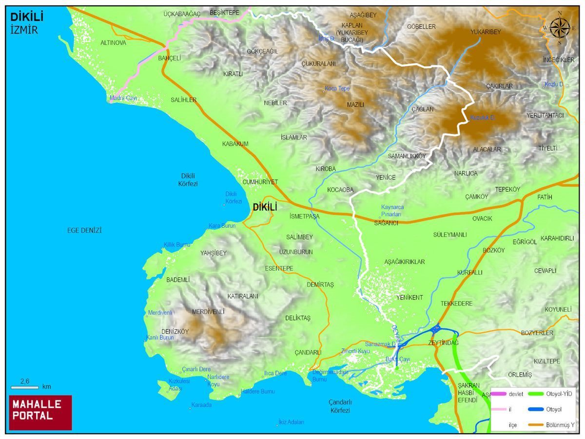 DİKİLİ Fiziki Haritası | Dağlar, Ovalar ve Akarsu Bilgileri