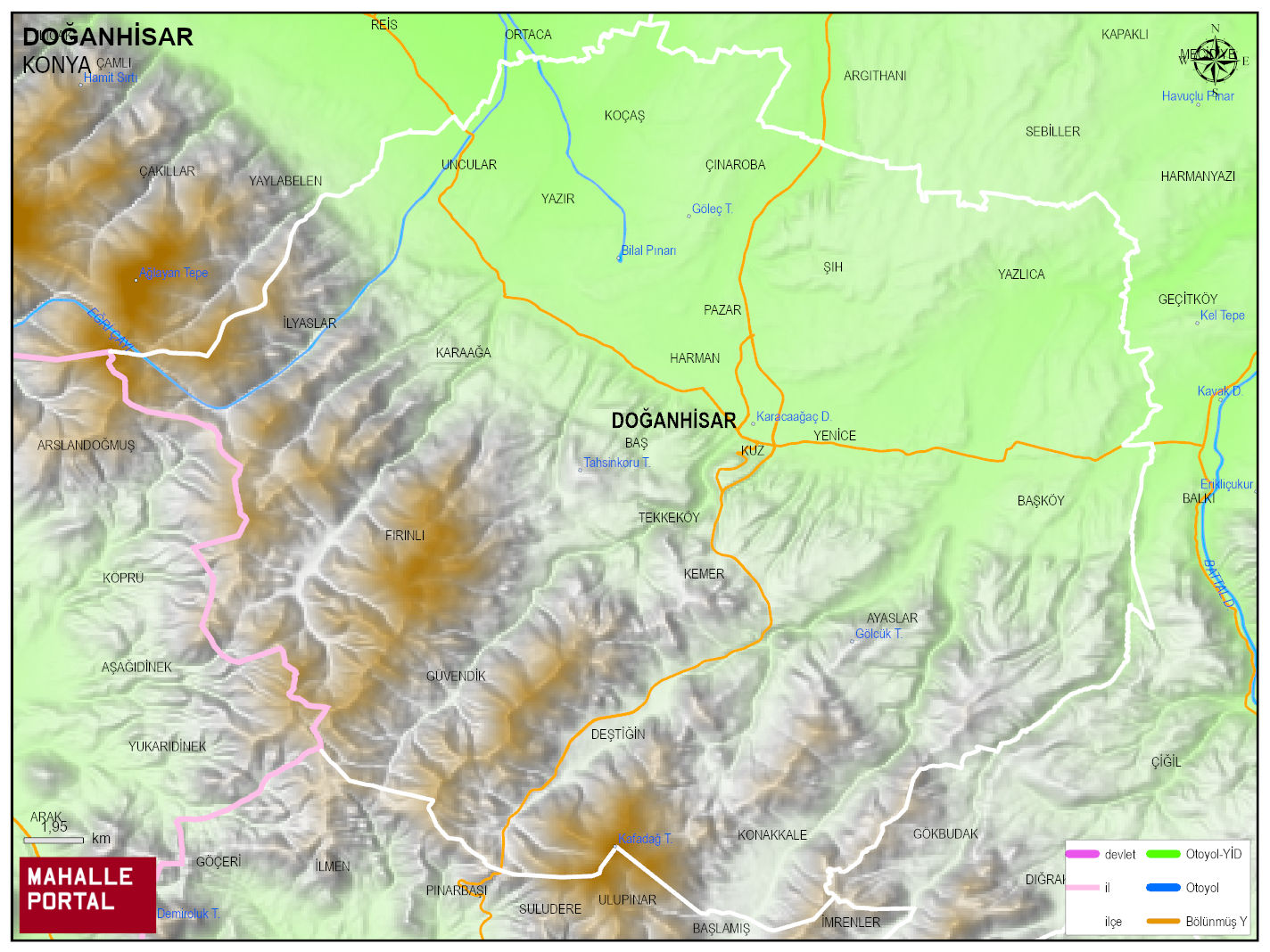 DOĞANHİSAR Fiziki Haritası | Dağlar, Ovalar ve Akarsu Bilgileri