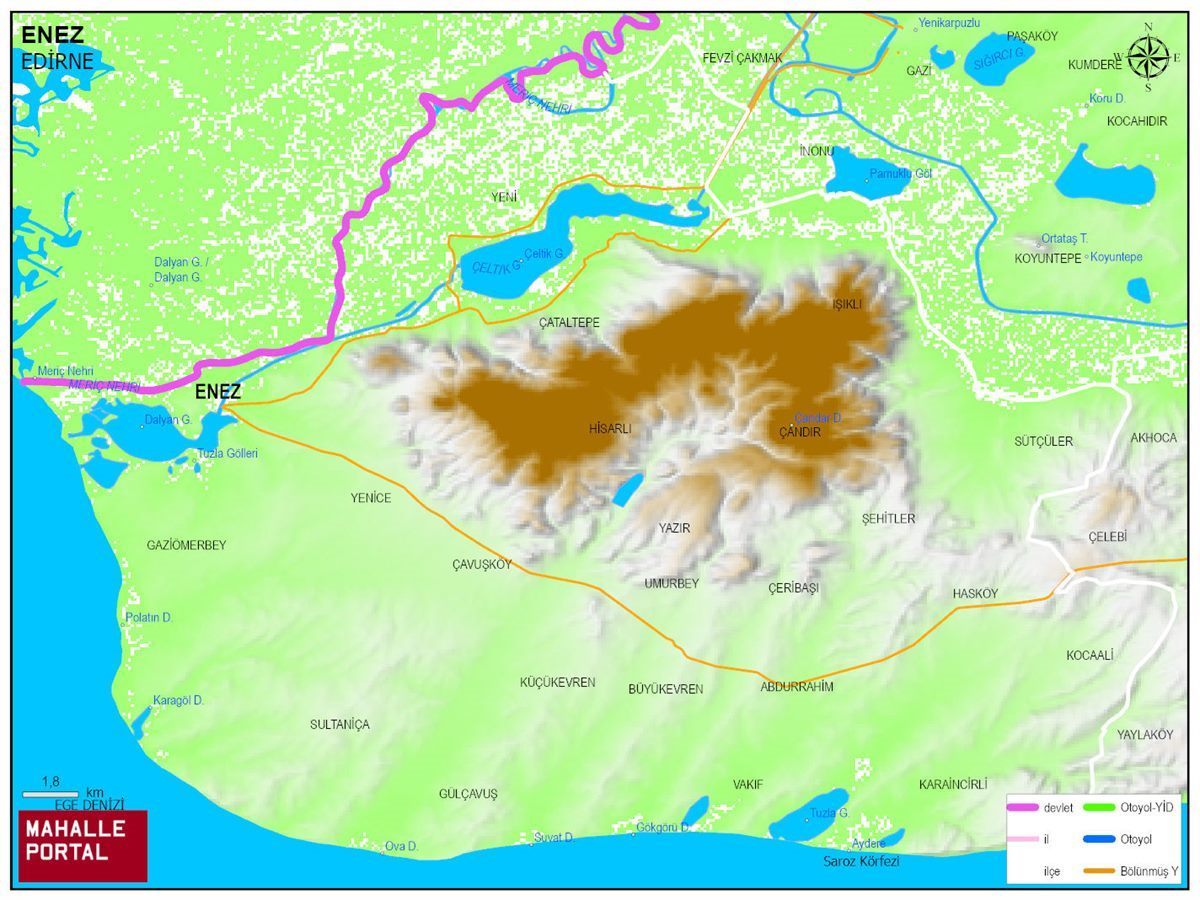 ENEZ Fiziki Haritası | Dağlar, Ovalar ve Akarsu Bilgileri