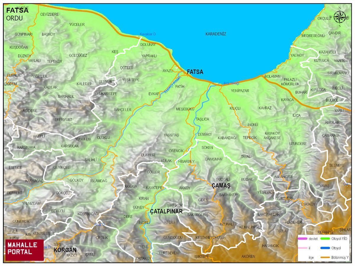 FATSA Fiziki Haritası | Dağlar, Ovalar ve Akarsu Bilgileri