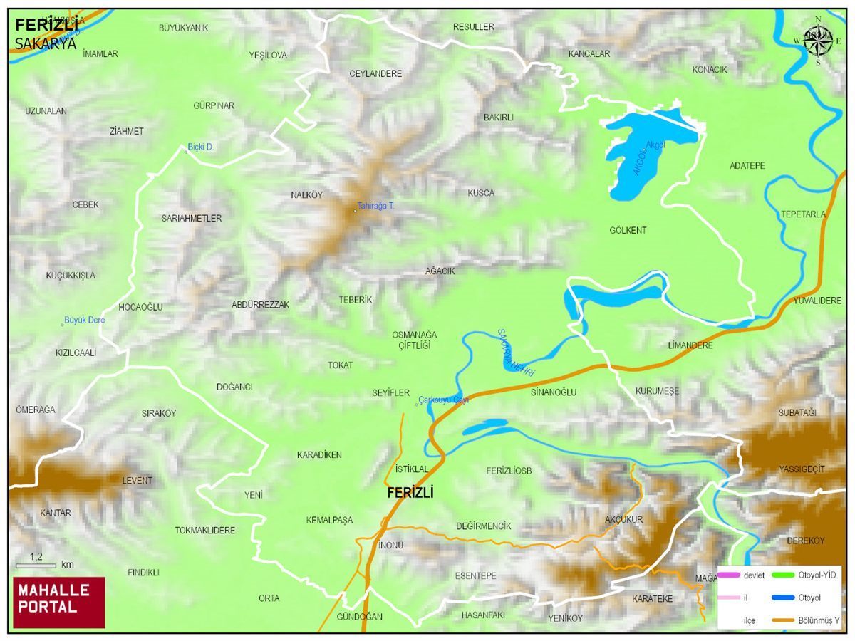 FERİZLİ Fiziki Haritası | Dağlar, Ovalar ve Akarsu Bilgileri