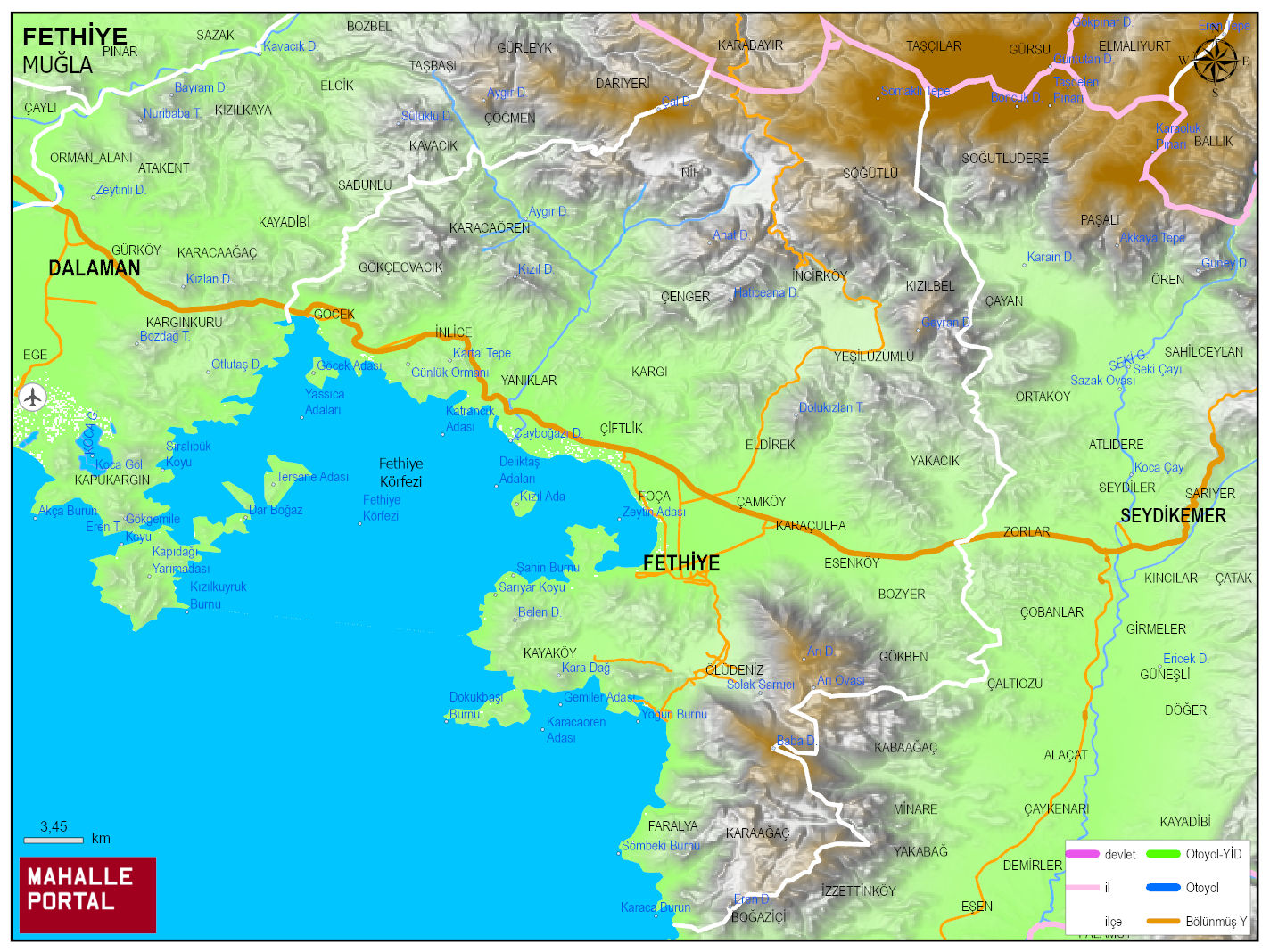 FETHİYE Fiziki Haritası | Dağlar, Ovalar ve Akarsu Bilgileri