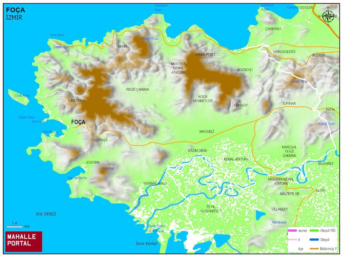 FOÇA Fiziki Haritası | Dağlar, Ovalar ve Akarsu Bilgileri