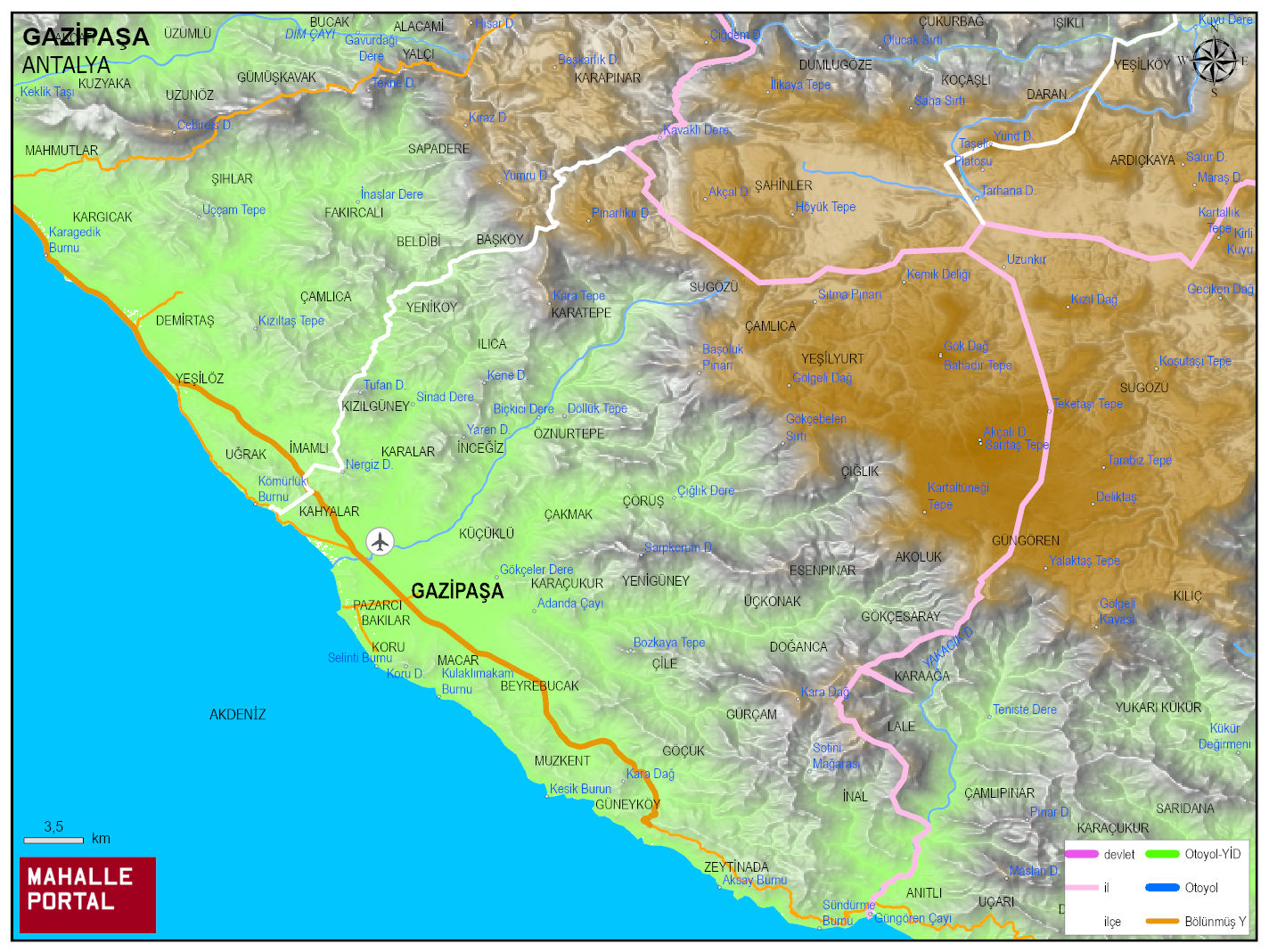 GAZİPAŞA Fiziki Haritası | Dağlar, Ovalar ve Akarsu Bilgileri