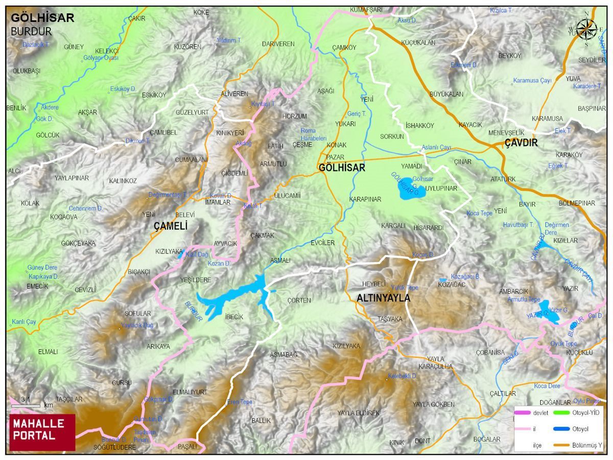GÖLHİSAR Fiziki Haritası | Dağlar, Ovalar ve Akarsu Bilgileri