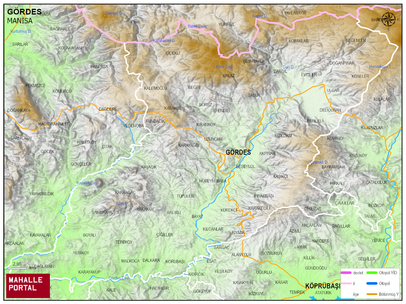 GÖRDES Fiziki Haritası | Dağlar, Ovalar ve Akarsu Bilgileri