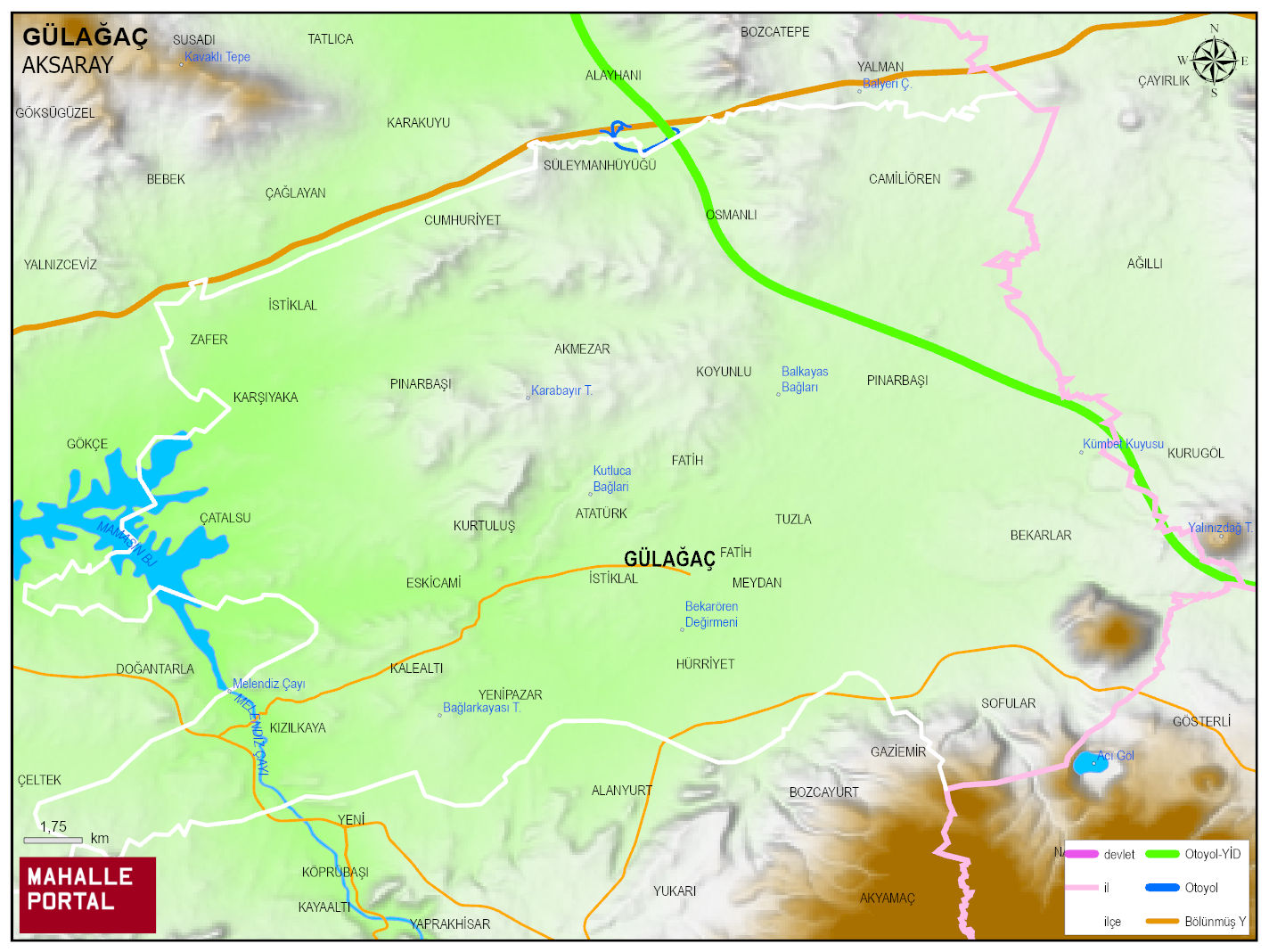 GÜLAĞAÇ Fiziki Haritası | Dağlar, Ovalar ve Akarsu Bilgileri