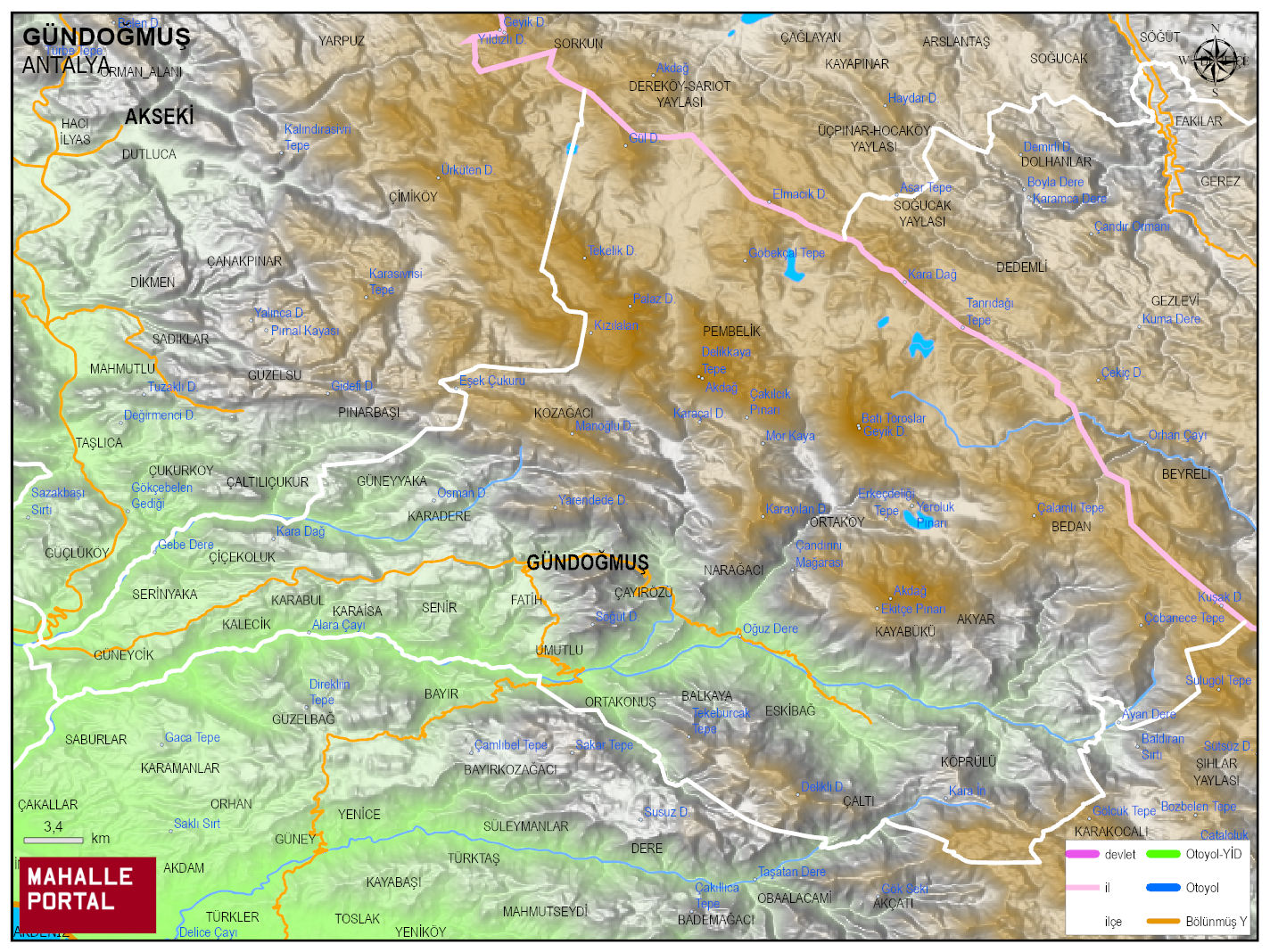 GÜNDOĞMUŞ Fiziki Haritası | Dağlar, Ovalar ve Akarsu Bilgileri