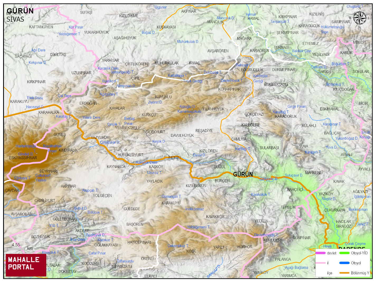 GÜRÜN Fiziki Haritası | Dağlar, Ovalar ve Akarsu Bilgileri