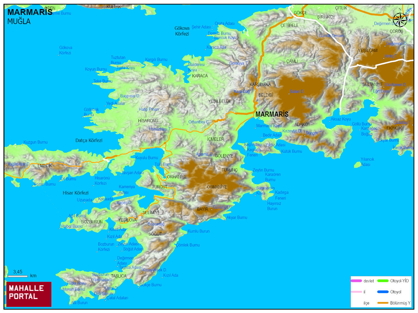 MARMARİS Fiziki Haritası | Yükselti ve Doğa Özellikleri