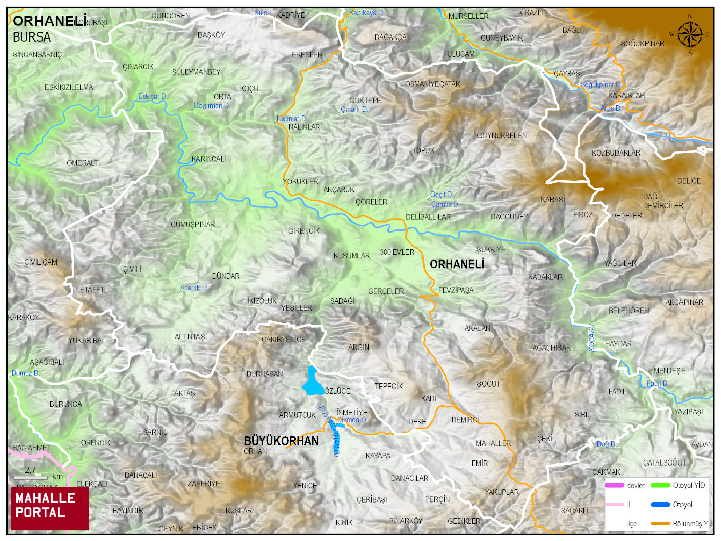 ORHANELİ Fiziki Haritası | Coğrafi Yapı ve Detaylı İlçe Haritası