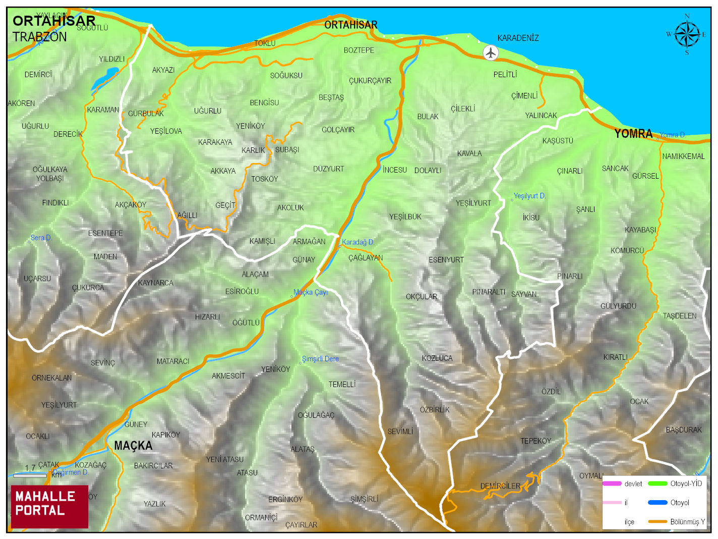 ORTAHİSAR Fiziki Haritası | Coğrafi Yapı ve Detaylı İlçe Haritası