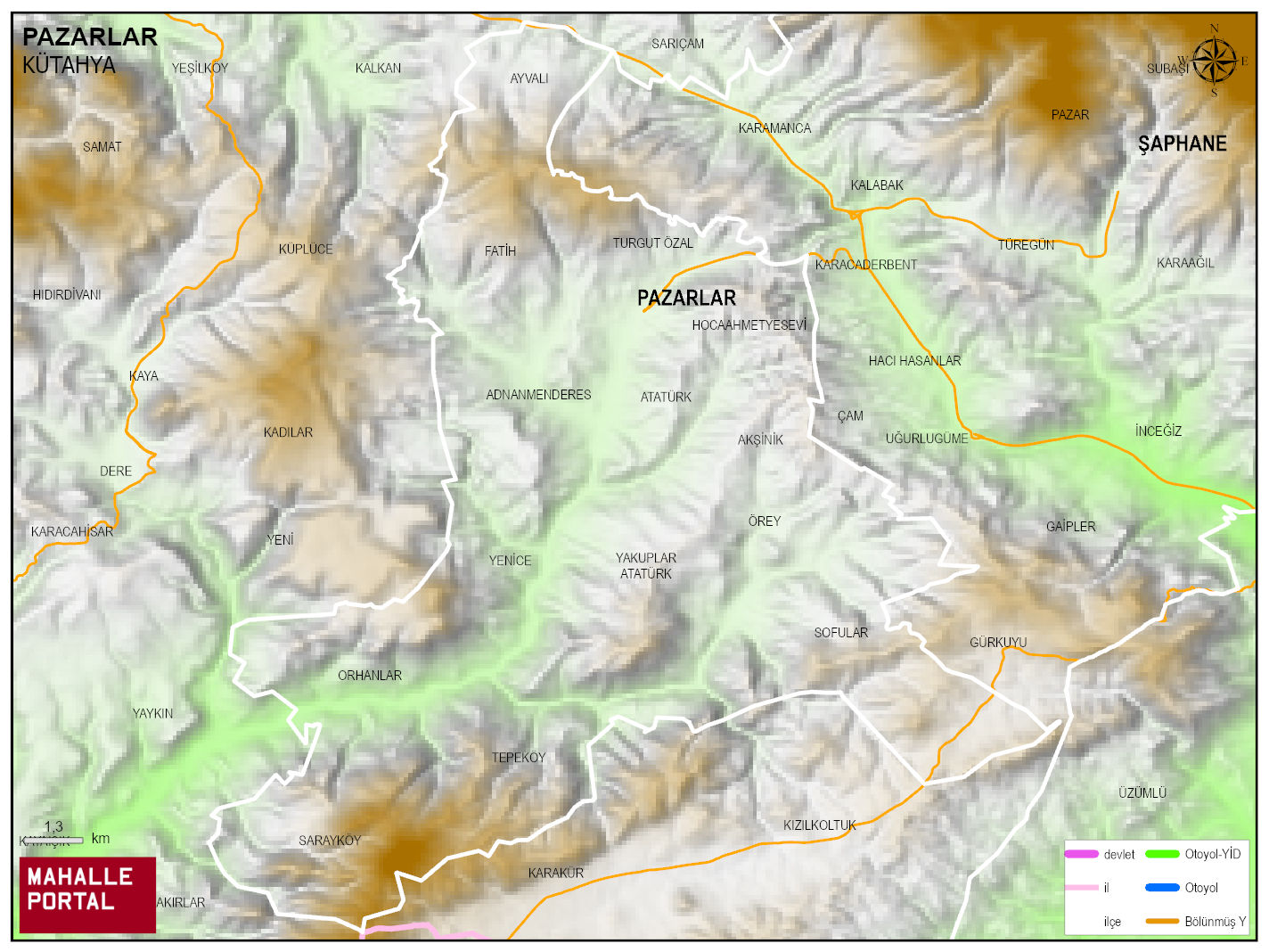 PAZARLAR Fiziki Haritası | Coğrafi Yapı ve Detaylı İlçe Haritası