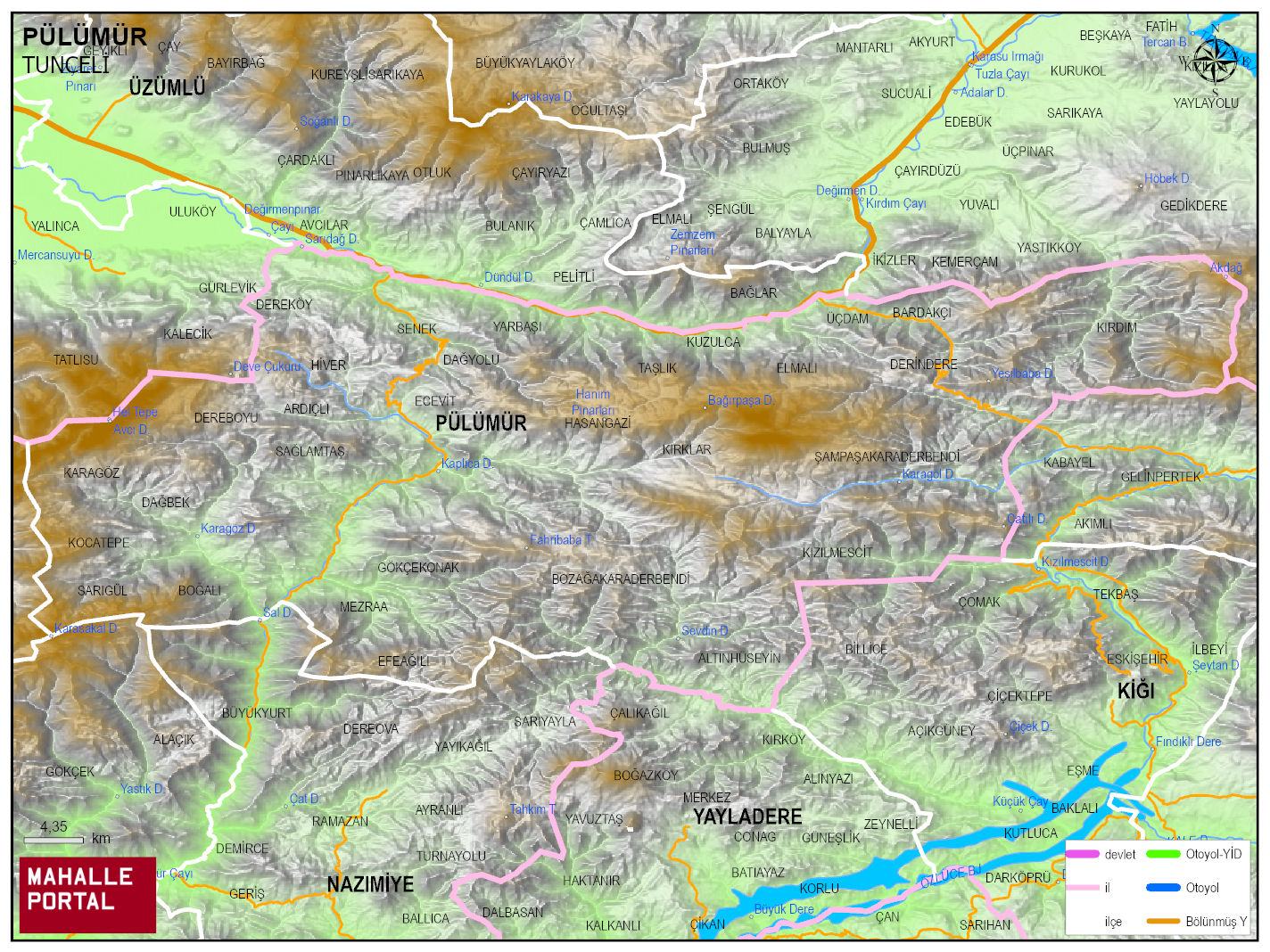 PÜLÜMÜR Fiziki Haritası | Coğrafi Yapı ve Detaylı İlçe Haritası