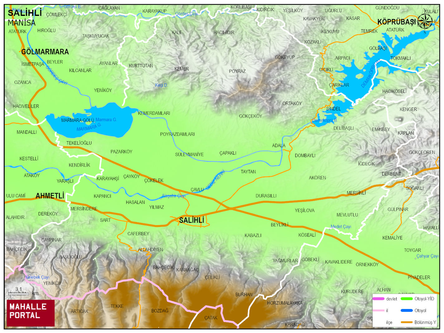 SALİHLİ Fiziki Haritası | Coğrafi Yapı ve Detaylı İlçe Haritası