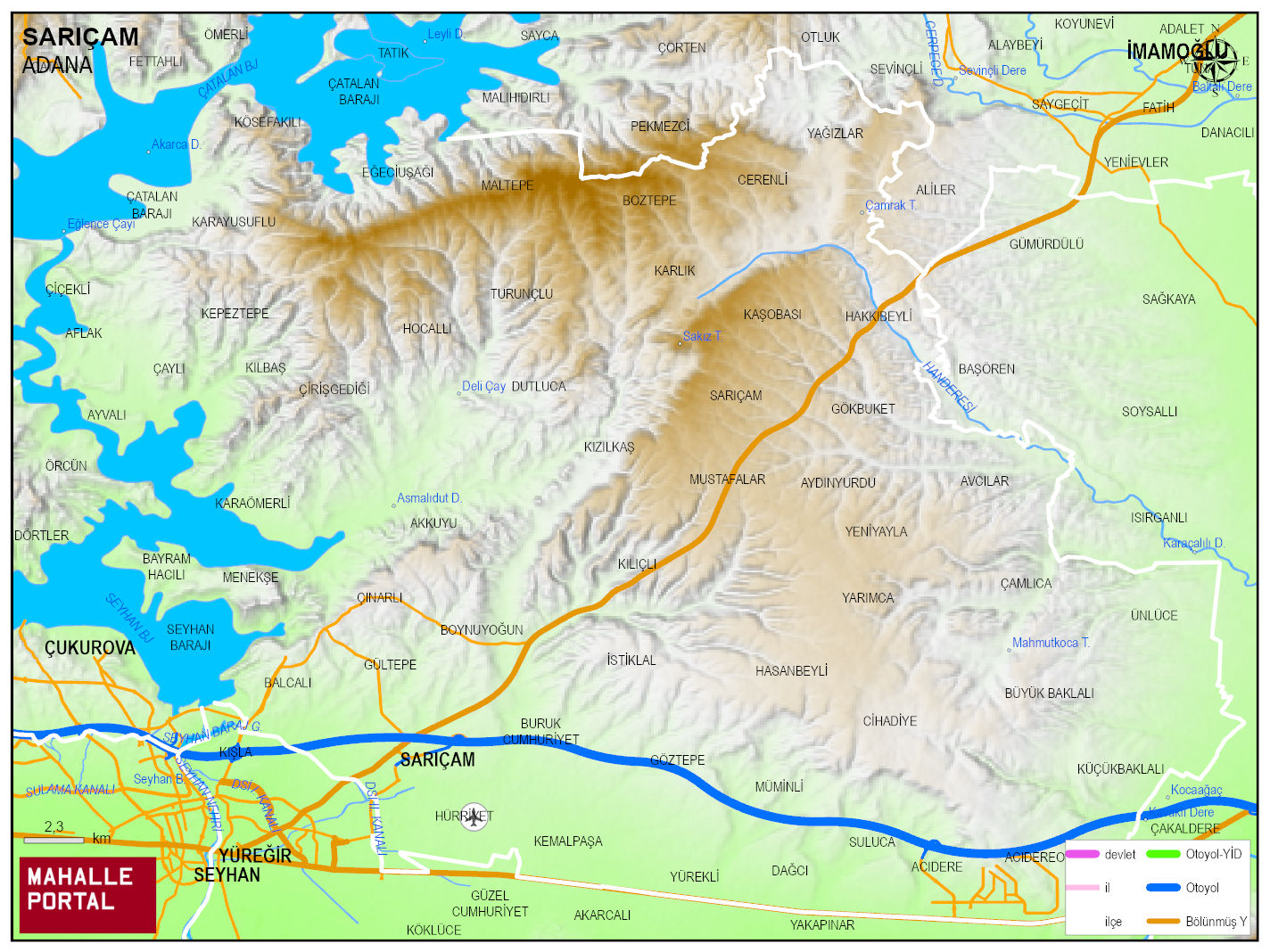 SARIÇAM Fiziki Haritası | Coğrafi Yapı ve Detaylı İlçe Haritası