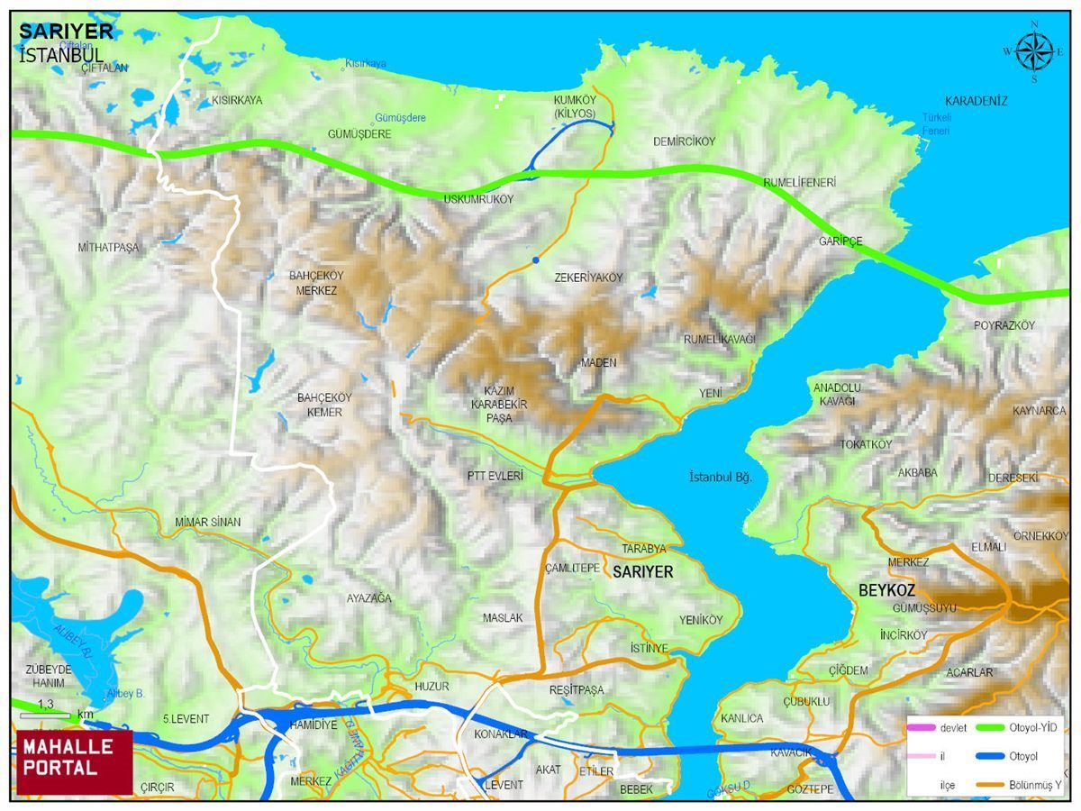 SARIYER Fiziki Haritası | Coğrafi Yapı ve Detaylı İlçe Haritası