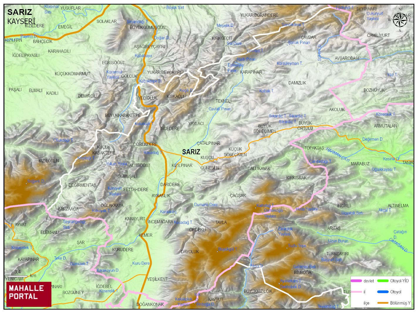 SARIZ Fiziki Haritası | Coğrafi Yapı ve Detaylı İlçe Haritası