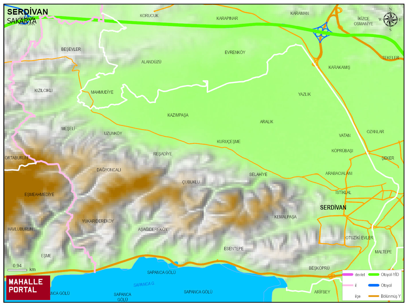 SERDİVAN Fiziki Haritası | Coğrafi Yapı ve Detaylı İlçe Haritası