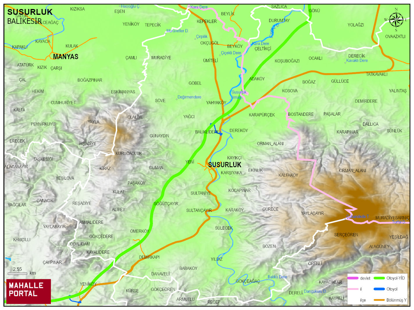 SUSURLUK Fiziki Haritası | Coğrafi Yapı ve Detaylı İlçe Haritası