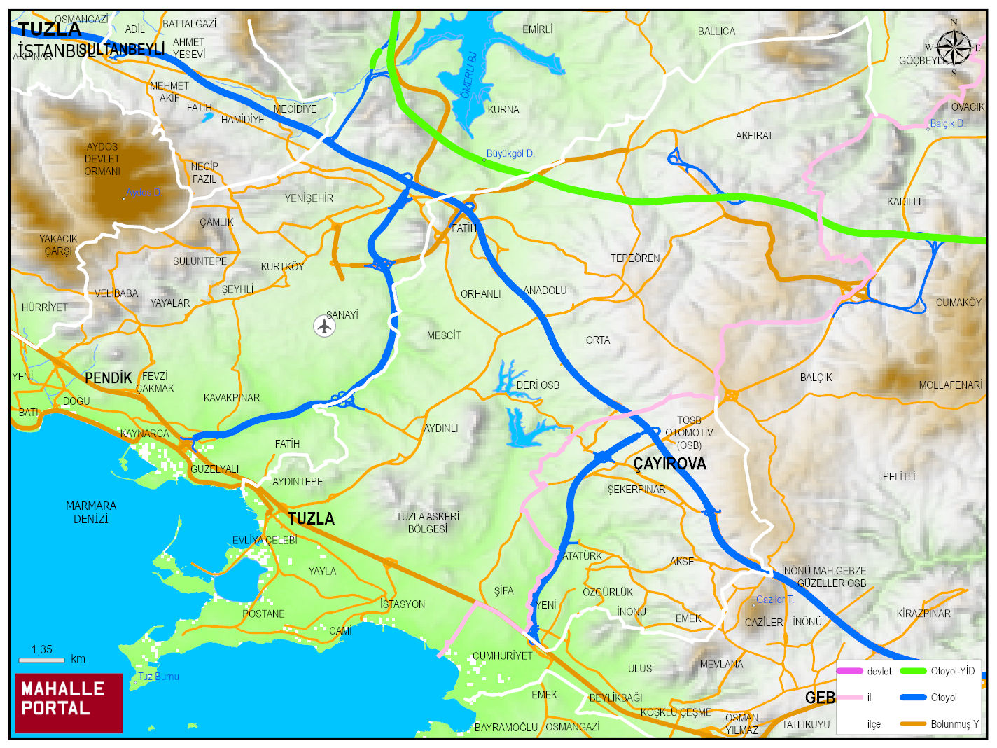 TUZLA Fiziki Haritası | Coğrafi Yapı ve Detaylı İlçe Haritası